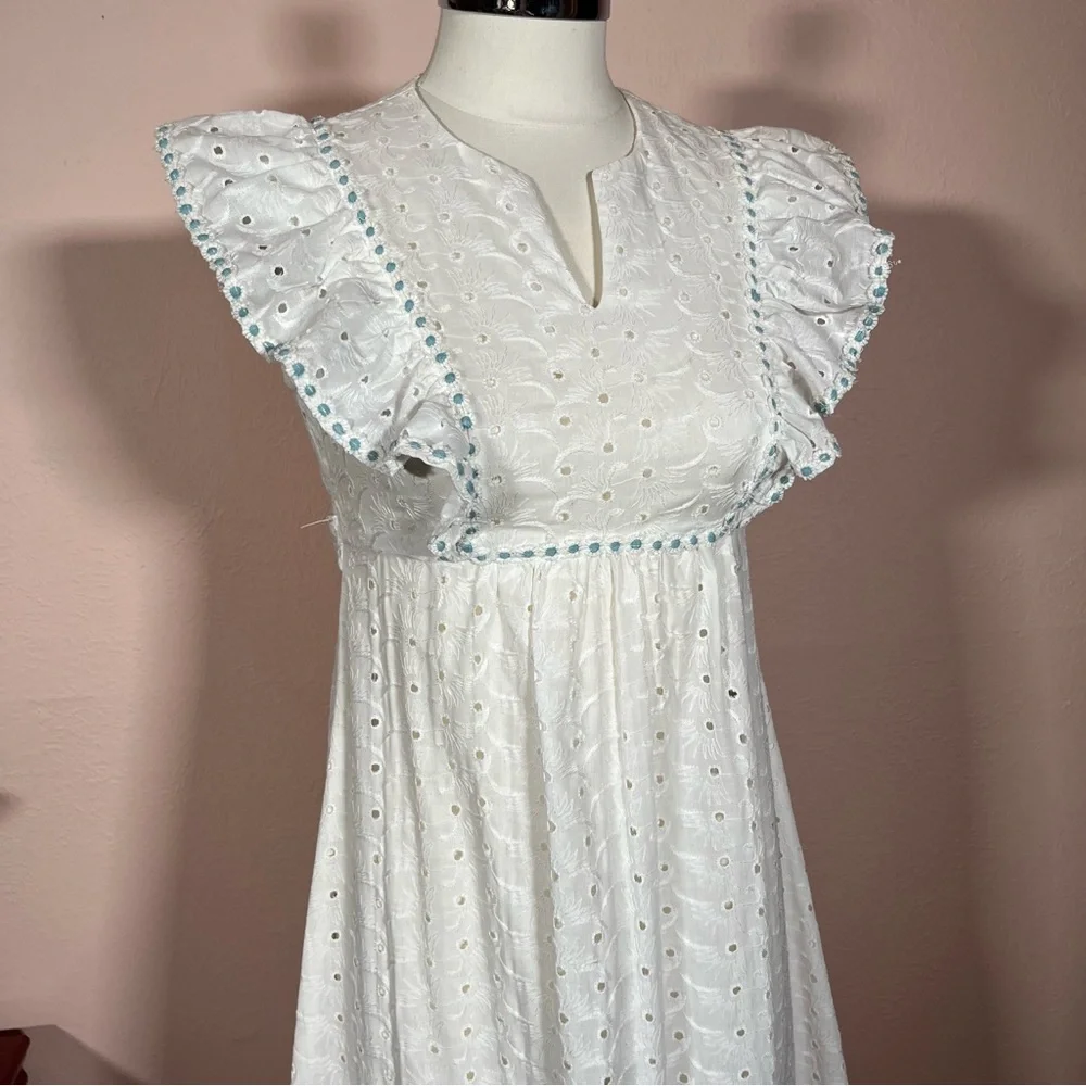 Vintage 60 70 Cottagecore White Eyelet Lace Ruffle Sleeve Praire Maxi Dress - Picture 11 of 17